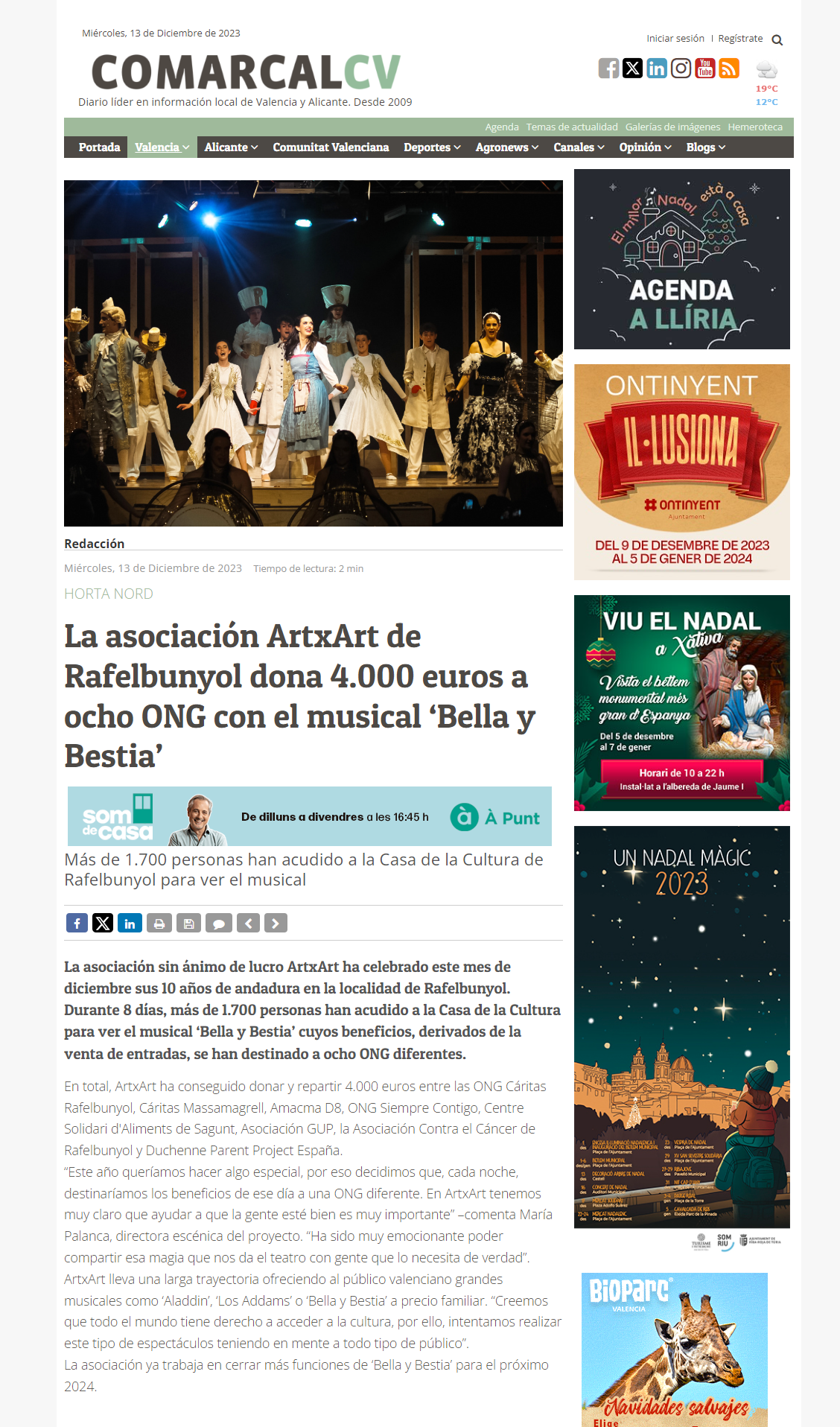 ComarcalCV La asociación ArtxArt de Rafelbunyol dona 4000 euros a 8 ONG's con el musical Bella y Bestia