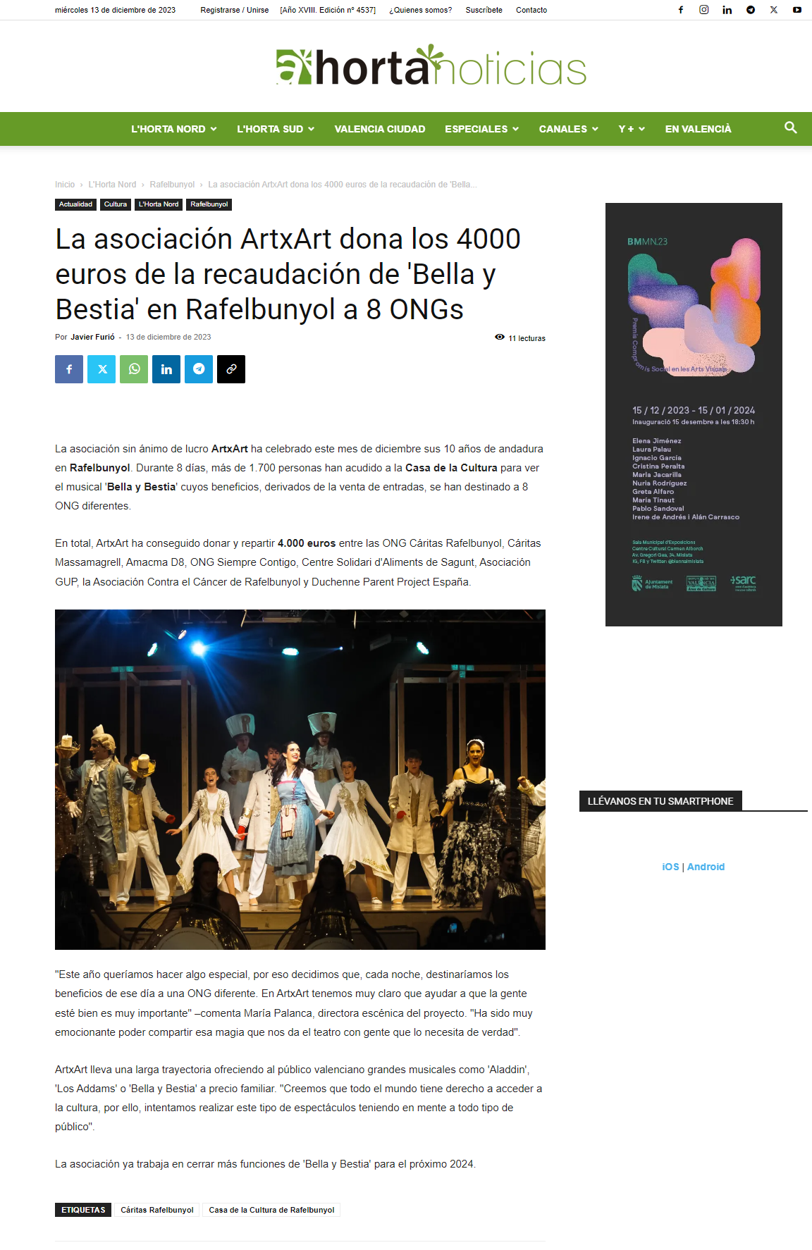 HortaNoticias La asociación ArtxArt de Rafelbunyol dona 4000 euros a 8 ONG's con el musical Bella y Bestia