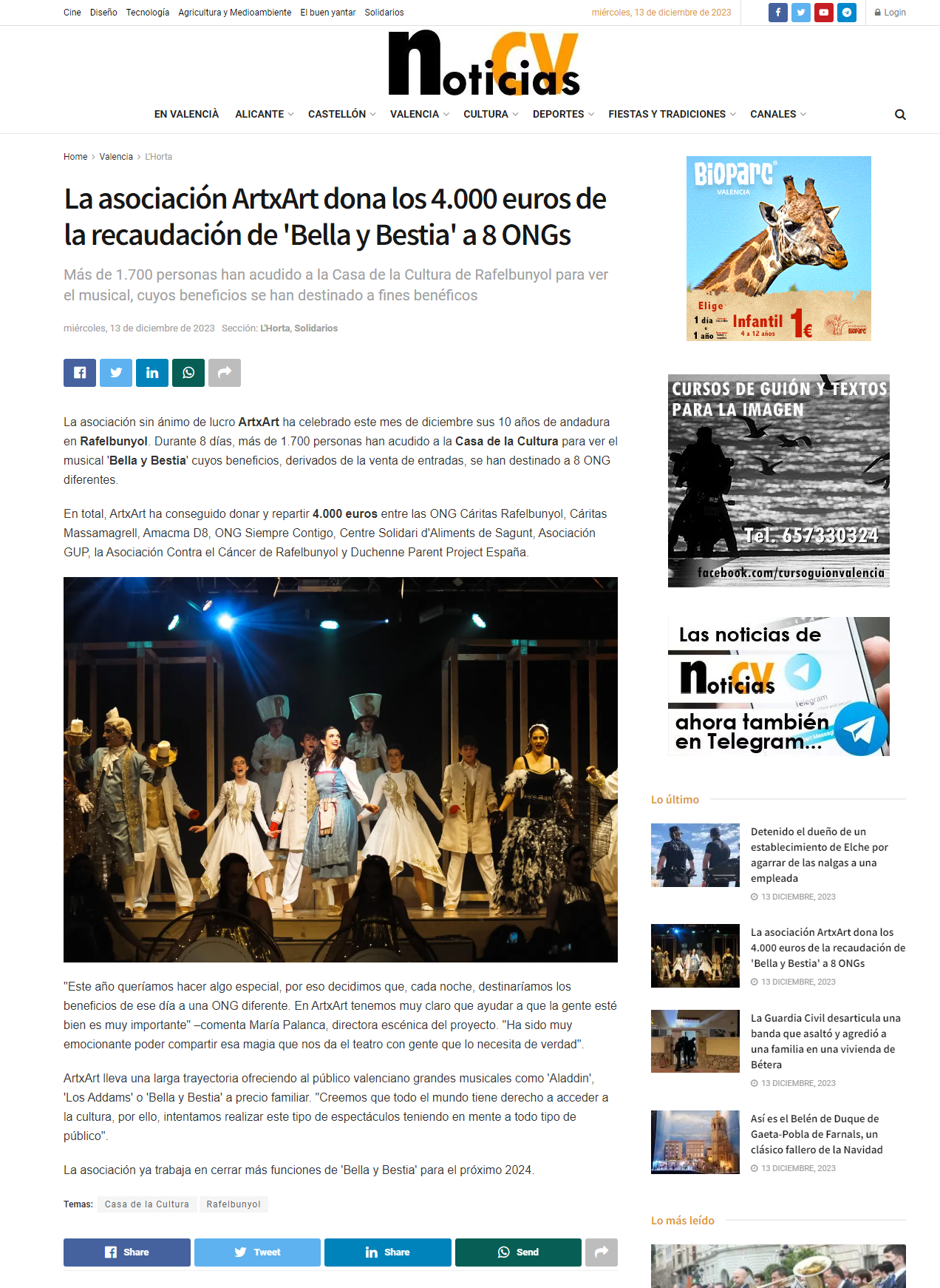NoticiasCV La asociación ArtxArt de Rafelbunyol dona 4000 euros a 8 ONG's con el musical Bella y Bestia